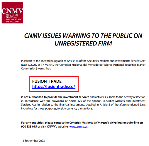 FusionTrade_CNMV_warning
